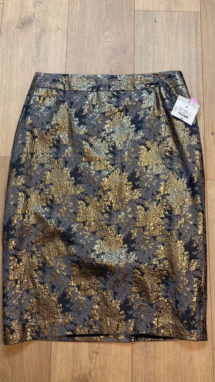 Liz Claiborne Pencil Skirt Size 8 Gold Black Metallic Floral Jacquard